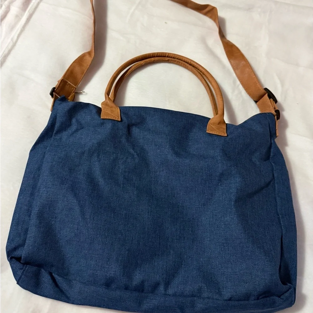 Canvas Faux Leather Satchel Tote Blue Tan Crossbody Strap